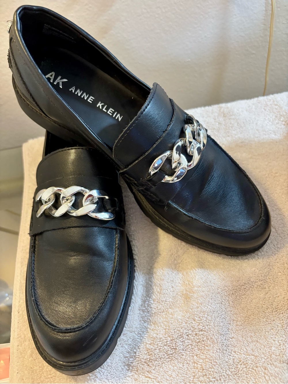 Anne Klein Black Leather Loafers with Silver Chain Accent
